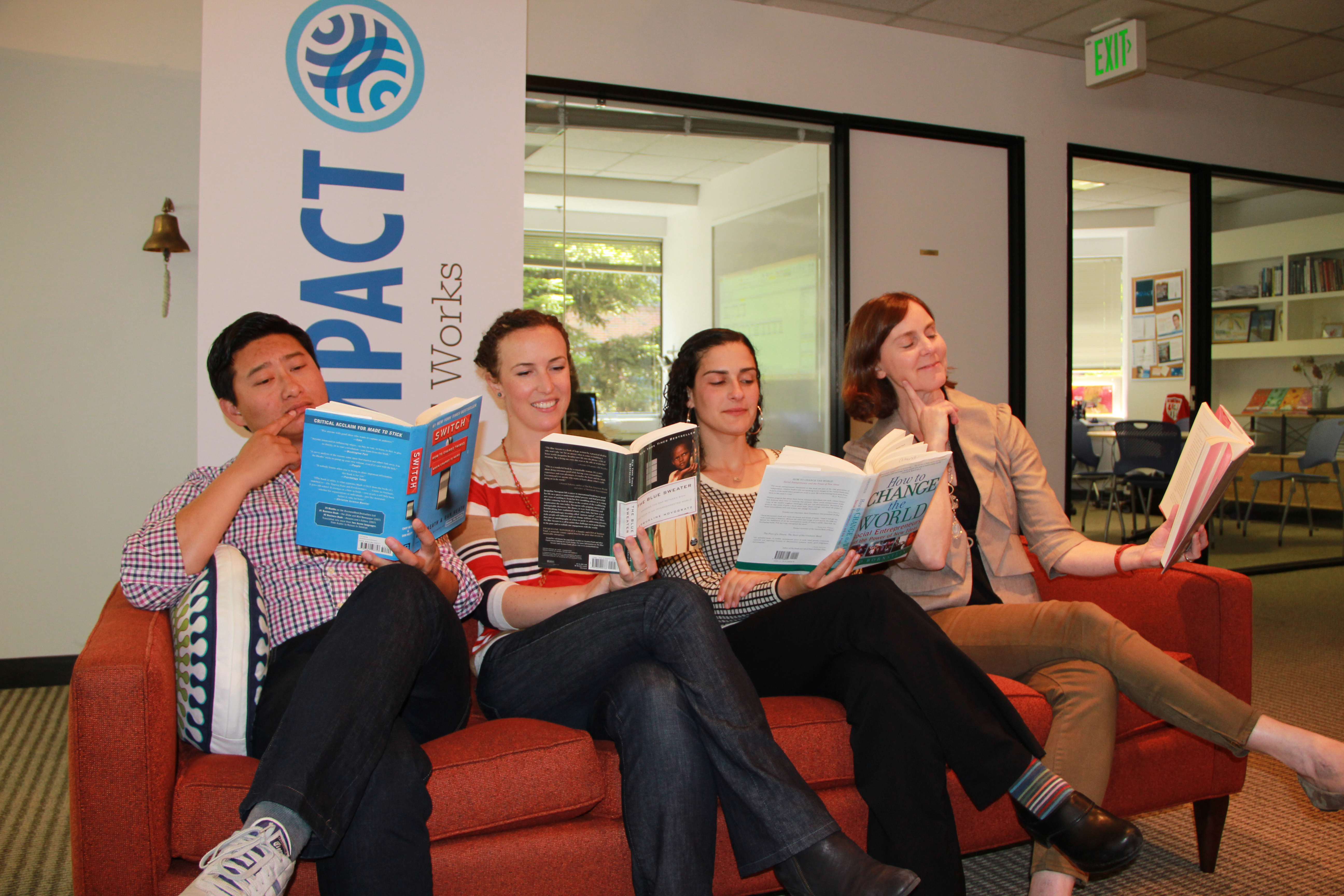 A few of our readers enjoying their books. From left to right, Cuong Nguyen, Kathara Green, Athalia Markowitz, and Linda Gerard.